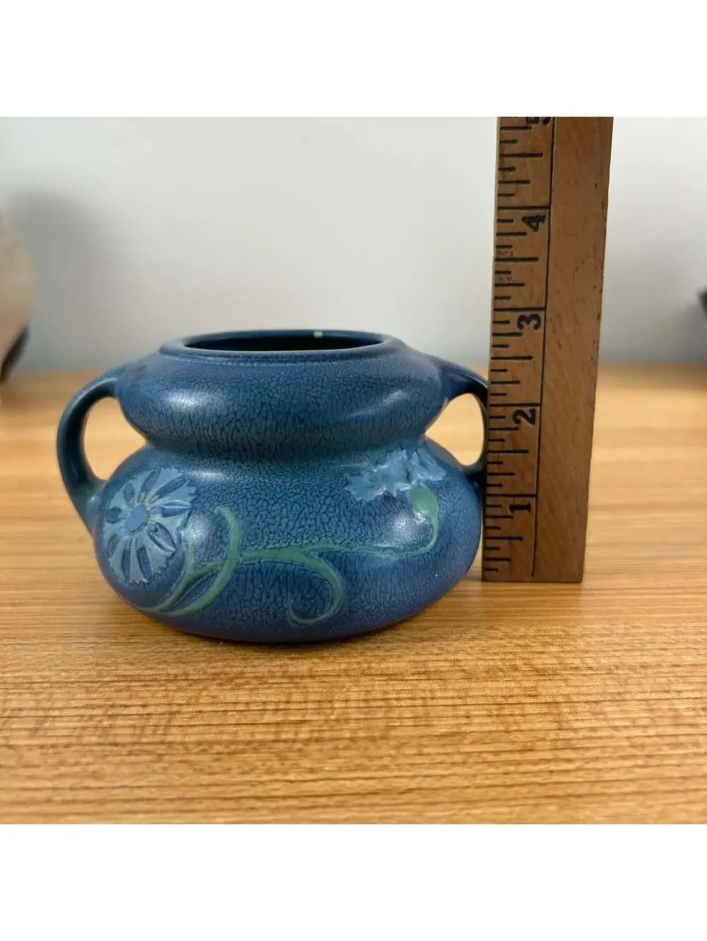 Weller Fru Russet 1900s Art Pottery Blue Mottled Glaze Floral Handled Squat Vase